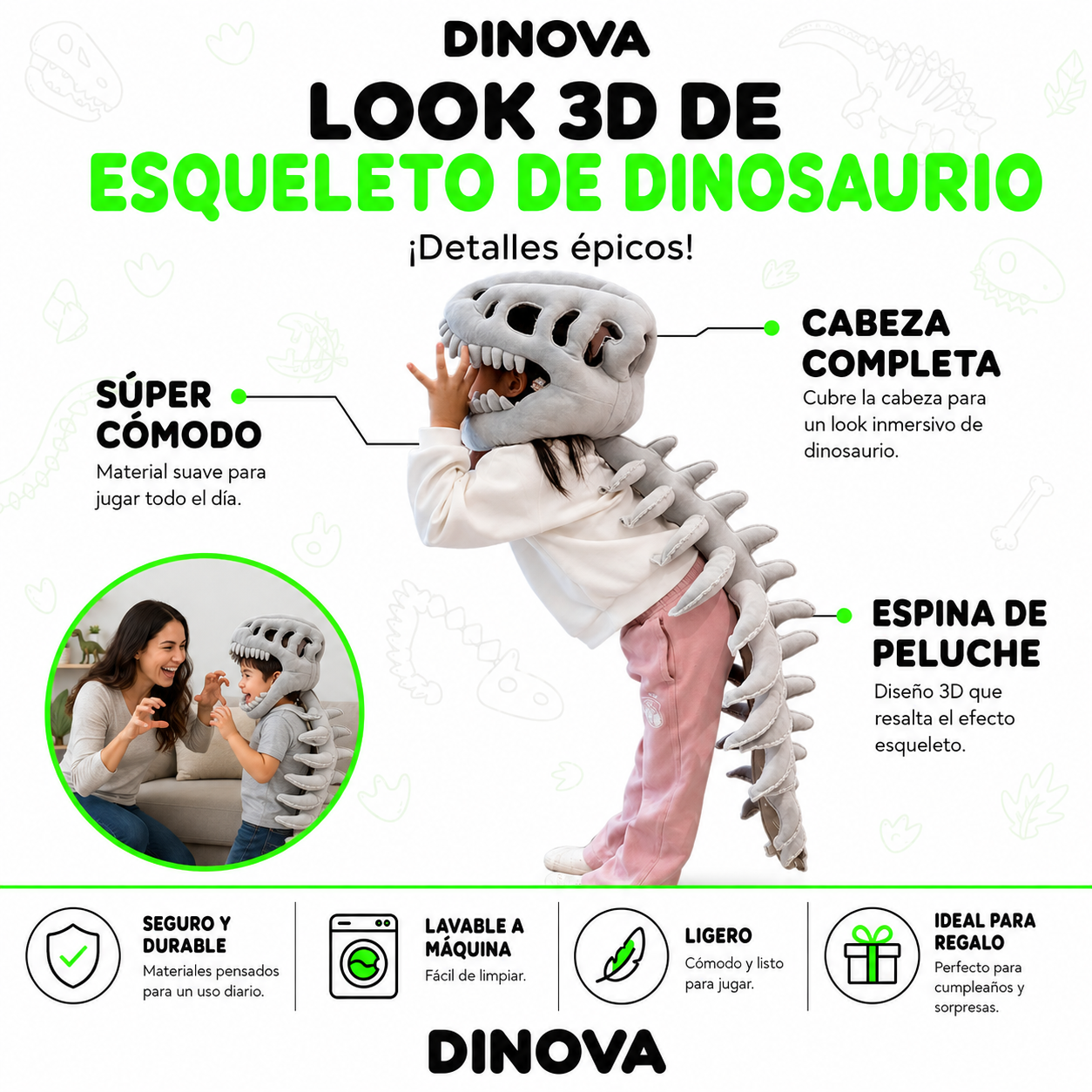 Disfraz Esqueleto de Dinosaurio Peluche — Niños y Adultos — DINOVA